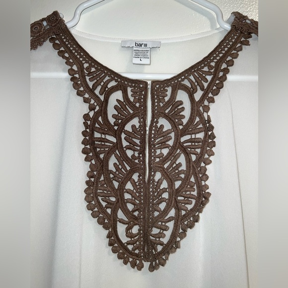 Bar III sheer white blouse with tan crotchet details - Picture 7 of 13